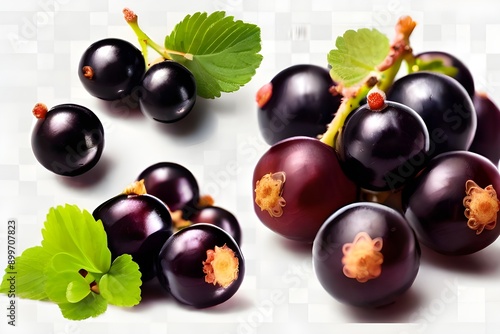 Blackcurrant black currant cassis Ribes nigrum, many angles and view side top front group bunch isolated on transparent background cutout, photo