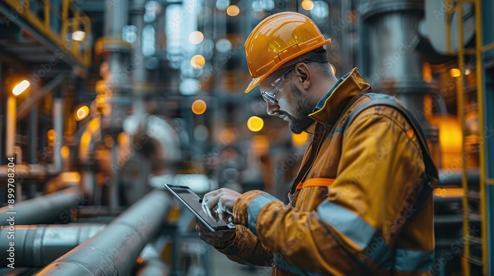 Engineer Conducting Site Survey at Petrochemical Plant with Digital Tablet for Data Recording Engineer Conducting Site Survey at Petrochemical Plant with Digital Tablet for Data Recording