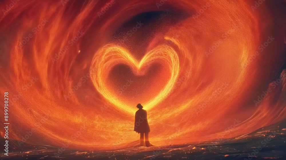 A silhouette of a person stands before a large, fiery heart-shaped vortex in the night sky. The intense colors of red, orange, and yellow create a surreal and dramatic atmosphere, emphasizing the awe A silhouette of a person stands before a large, fiery heart-shaped vortex in the night sky. The intense colors of red, orange, and yellow create a surreal and dramatic atmosphere, emphasizing the awe