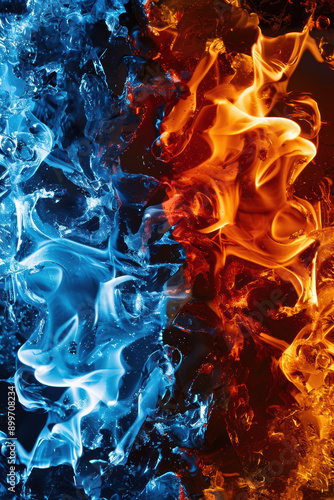 Abstract image showcasing the contrasting forces of fire and ice with vibrant flames and cool crystals in dynamic motion.