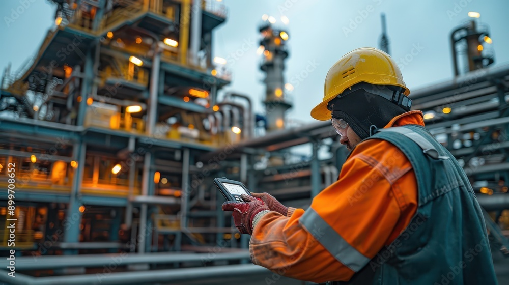 Oil and Gas Industry Worker Monitoring Valve Pressures with Portable Device Amid Industrial Pipelines Oil and Gas Industry Worker Monitoring Valve Pressures with Portable Device Amid Industrial Pipelines