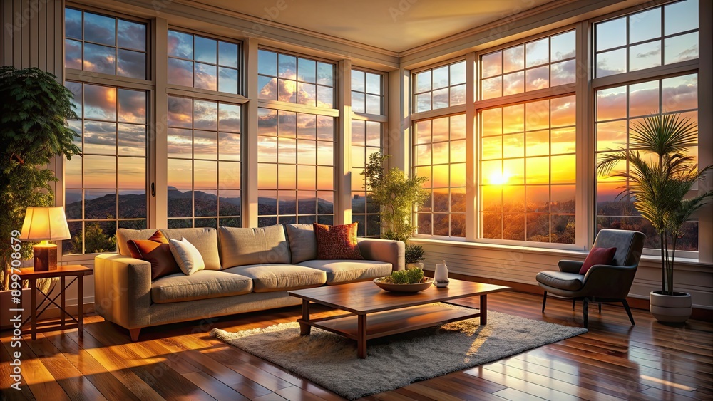 Sunset shining through the windows of a cozy living room, Sunset, windows, light, interior, home, warm, cozy, glow, evening Sunset shining through the windows of a cozy living room, Sunset, windows, light, interior, home, warm, cozy, glow, evening