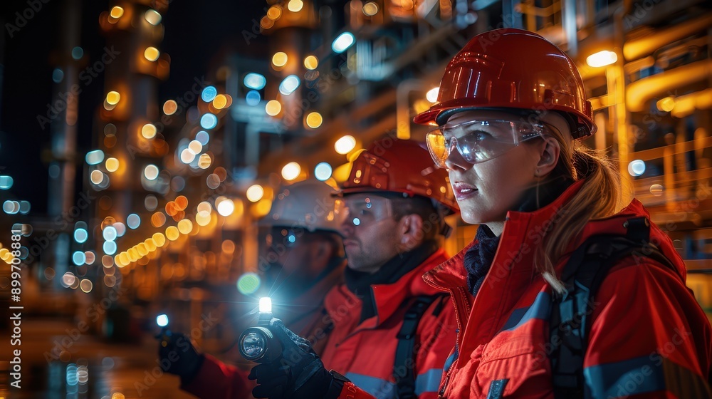 Night Inspection by Refinery Engineers with Flashlights | Team of Experts Examining Equipment in Dark Conditions Night Inspection by Refinery Engineers with Flashlights | Team of Experts Examining Equipment in Dark Conditions