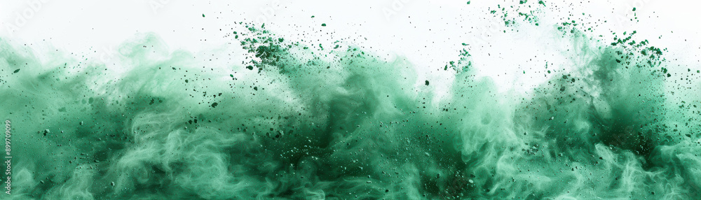 Abstract green powder explosion on a white background, creating a dynamic and vivid cloud of dust particles in motion. Abstract green powder explosion on a white background, creating a dynamic and vivid cloud of dust particles in motion.