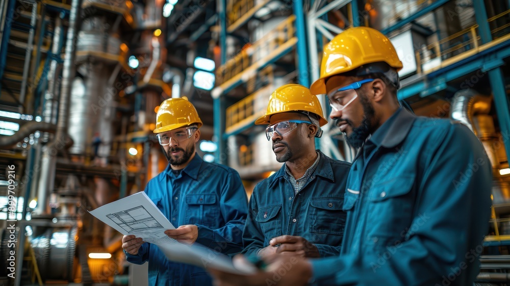 Engineering Team Planning at Refinery Site with Industrial Machinery Background Engineering Team Planning at Refinery Site with Industrial Machinery Background