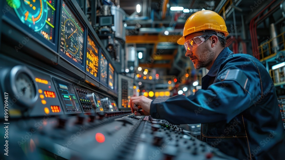 Experienced Engineer Fine-Tuning Processes in Refinery Control Room with Advanced Control Panel Technology Experienced Engineer Fine-Tuning Processes in Refinery Control Room with Advanced Control Panel Technology