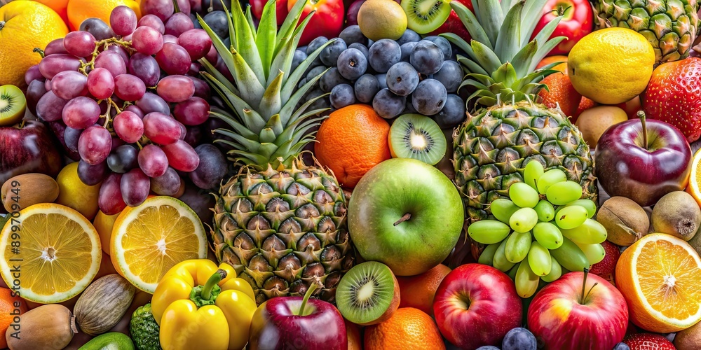 A vibrant mix of fresh fruits including apples, pineapple, oranges, grapes, bananas A vibrant mix of fresh fruits including apples, pineapple, oranges, grapes, bananas