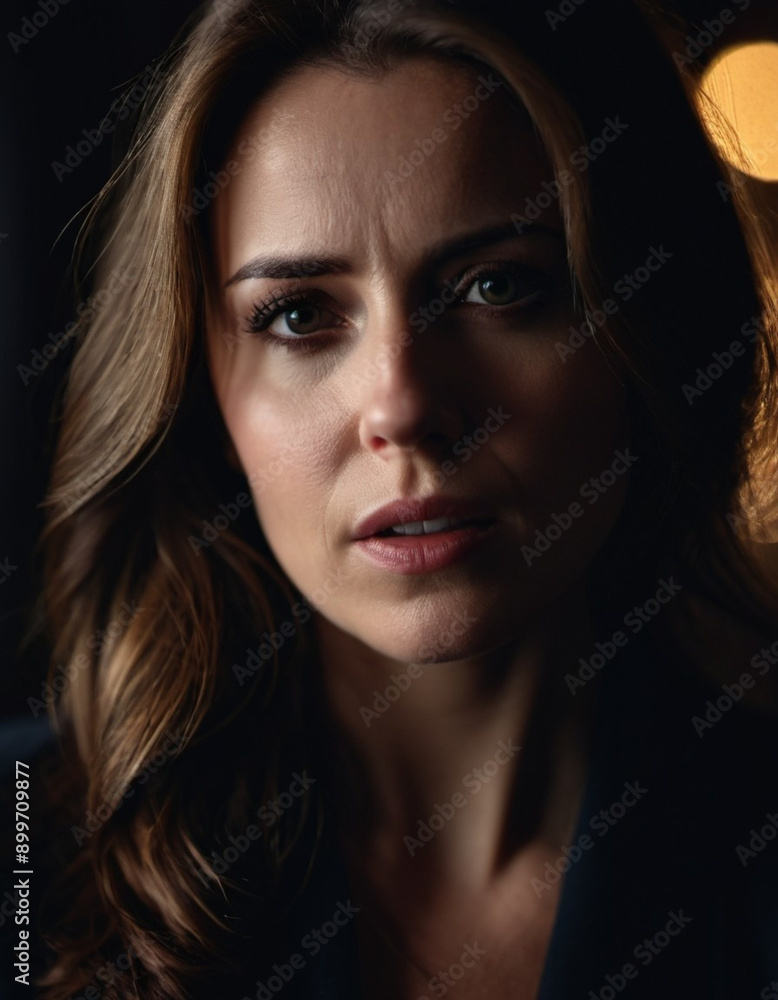 Woman with furrowed brows and worried expression looks directly at camera. Lighting is dim, casting shadows around face, emphasizing her stress. Fear, frustration, upset, worry and thoughtfulness. AI Woman with furrowed brows and worried expression looks directly at camera. Lighting is dim, casting shadows around face, emphasizing her stress. Fear, frustration, upset, worry and thoughtfulness. AI