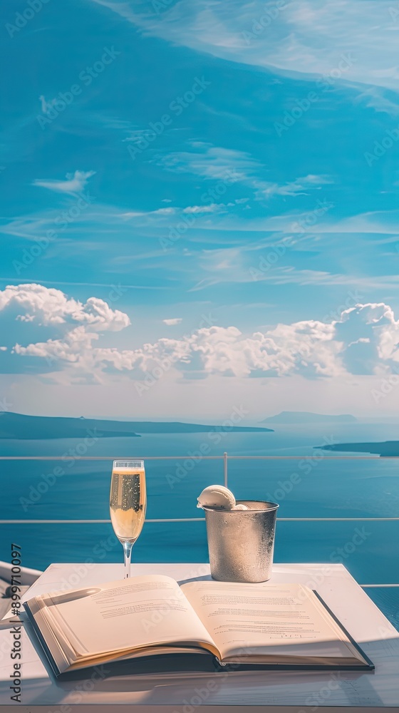 Fototapeta premium Two champagne glasses sit atop a table beside a heart decoration and a personal note in a cozy outdoor setting