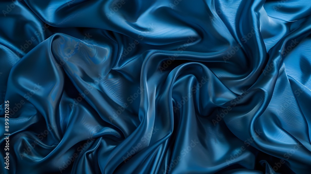 Obraz premium Luxurious deep blue satin fabric with elegant folds and a smooth, glossy finish.