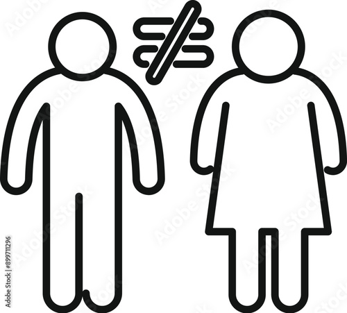 Line art icon representing the concept of gender inequality with man and woman separated by a crossed out equals sign