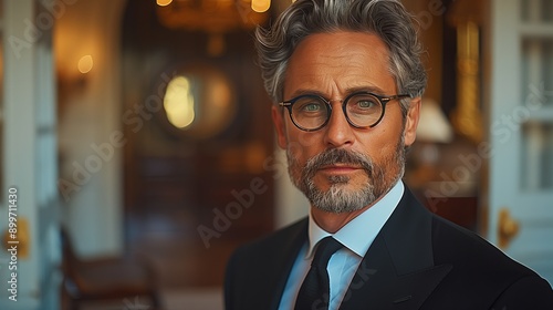 Portrait of a middle aged businessman wearing glasses with his business suit on in his office.