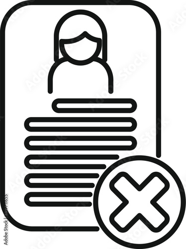 Line icon of a job candidate profile being rejected with a red cross mark