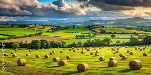 Fototapeta Naklejka Na Ścianę i Meble -  Hay bales scattered across lush green fields in Northern Ireland , agriculture, countryside, rural, farming, harvest