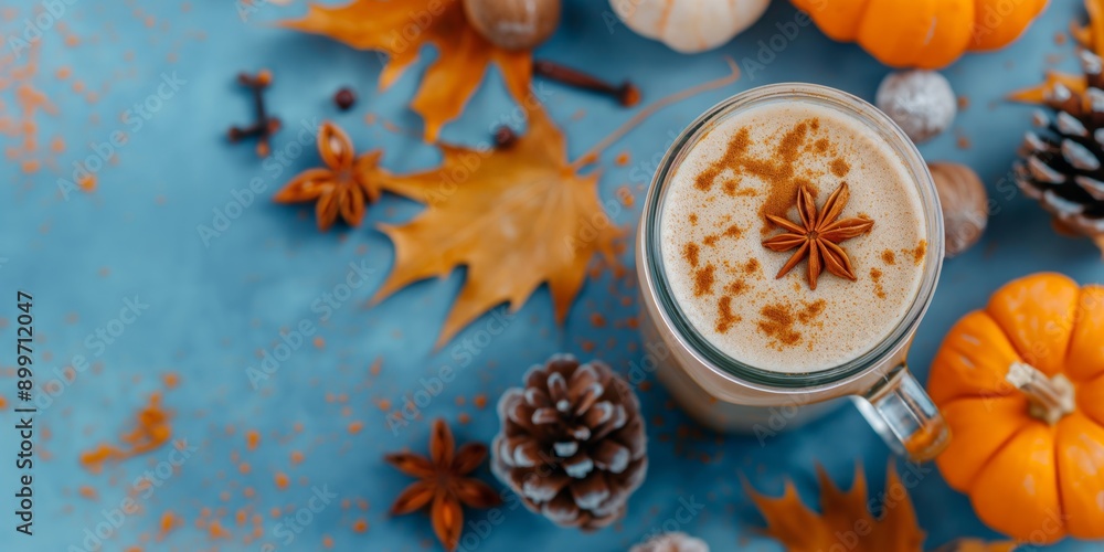 A mug of coffee with cinnamon and a few orange pumpkins on a blue background. Scene is warm and cozy, perfect for a fall day A mug of coffee with cinnamon and a few orange pumpkins on a blue background. Scene is warm and cozy, perfect for a fall day