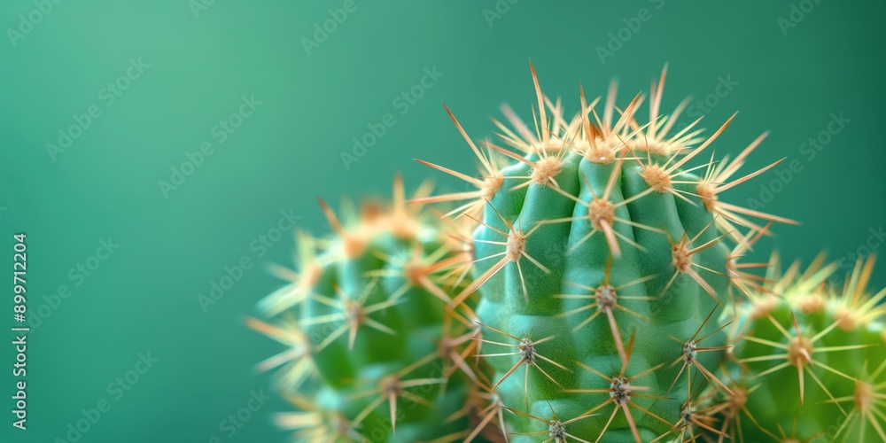 A cactus with many spines is the main focus of the image. The cactus is surrounded by a green background, which gives the impression of a lush, natural environment A cactus with many spines is the main focus of the image. The cactus is surrounded by a green background, which gives the impression of a lush, natural environment