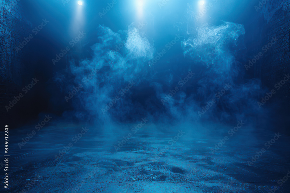 Mysterious blue fog in an empty room illuminated by spotlights creating an eerie atmosphere perfect for drama or horror settings. Mysterious blue fog in an empty room illuminated by spotlights creating an eerie atmosphere perfect for drama or horror settings.