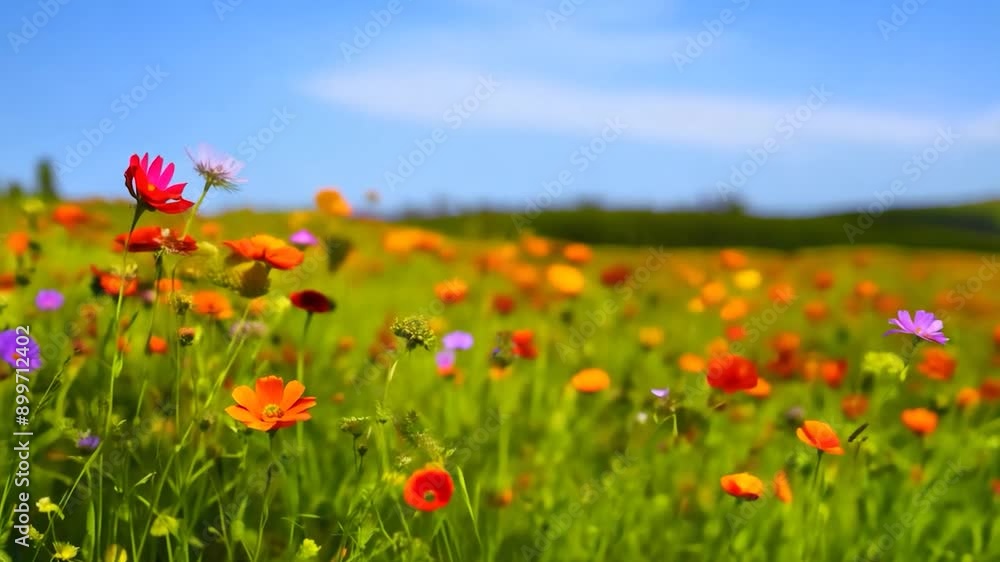 A lush meadow filled with an array of colorful wildflowers swaying gently in the spring breeze under a bright blue sky A lush meadow filled with an array of colorful wildflowers swaying gently in the spring breeze under a bright blue sky
