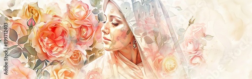 Serene Watercolor Portrait of Mother Mary Surrounded by Roses