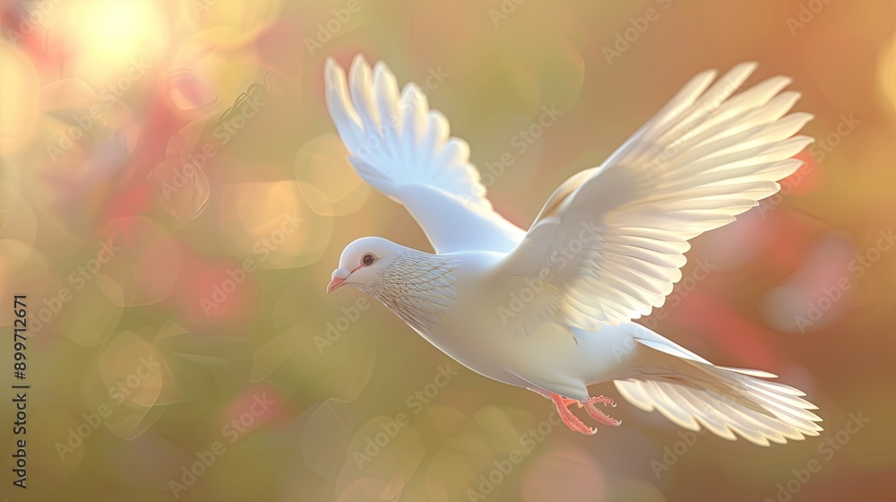 Obraz premium 3D rendered white dove in flight, showcasing its elegant wings and peaceful nature, set against a soft gradient background.