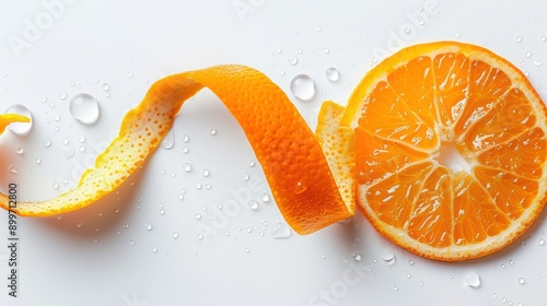 Wallpaper Mural orange peel spiraled with water droplets, vibrant color, minimalist white background Torontodigital.ca