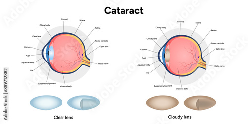 Cataract vision disorder problem and normal eye vision human anatomy with clear and cloudy lens