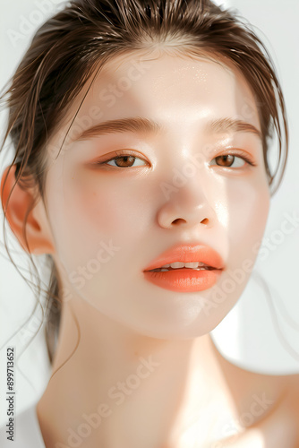 Portrait of a Young Woman with Clear Skin and Elegant Makeup, Featuring Natural and Subtle Beauty