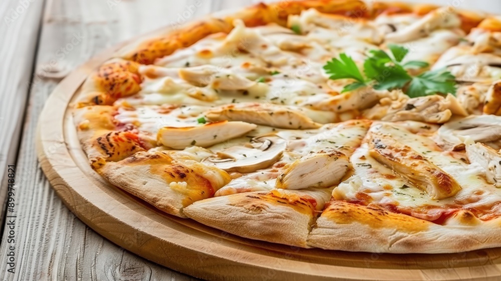 Delicious Chicken Pizza Served on a Wooden Table for a Cozy Dining Experience Delicious Chicken Pizza Served on a Wooden Table for a Cozy Dining Experience