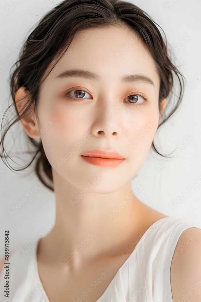 Portrait of a Young Woman with Clear Skin and Elegant Makeup, Featuring Natural and Subtle Beauty Portrait of a Young Woman with Clear Skin and Elegant Makeup, Featuring Natural and Subtle Beauty