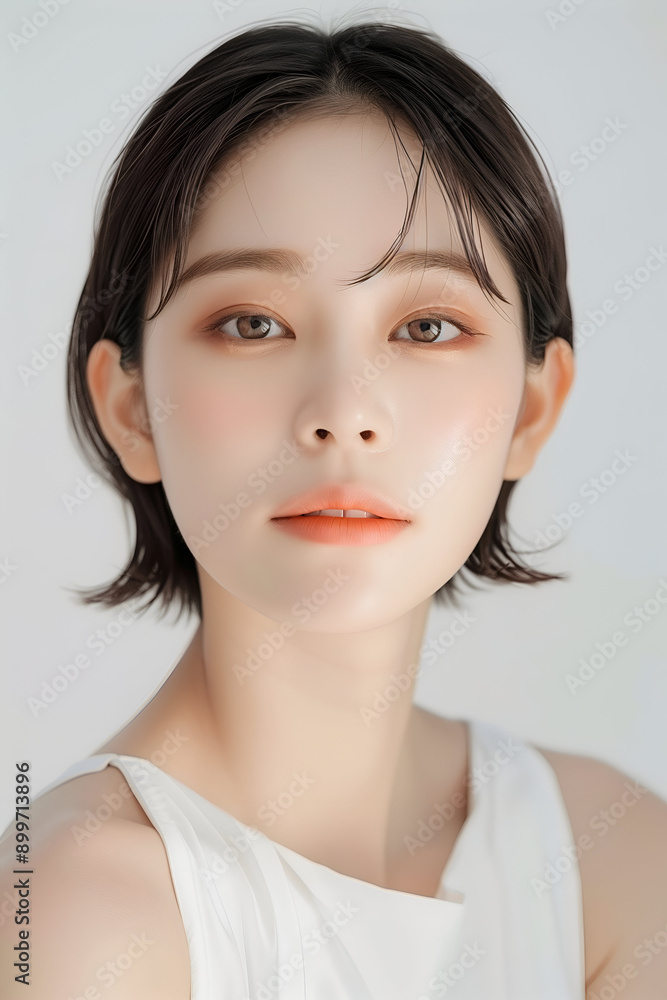 Portrait of a Young Woman with Clear Skin and Elegant Makeup, Featuring Natural and Subtle Beauty Portrait of a Young Woman with Clear Skin and Elegant Makeup, Featuring Natural and Subtle Beauty