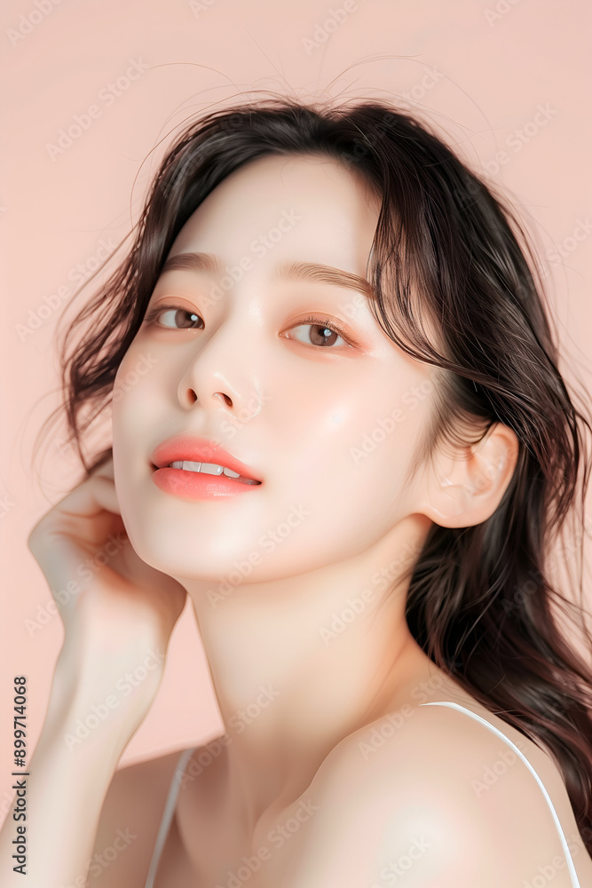 Portrait of a Young Woman with Clear Skin and Elegant Makeup, Featuring Natural and Subtle Beauty Portrait of a Young Woman with Clear Skin and Elegant Makeup, Featuring Natural and Subtle Beauty