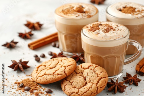 Cozy setup of two lattes with biscotti on a marble surface perfect for a sweet and comforting coffee break in a warm café