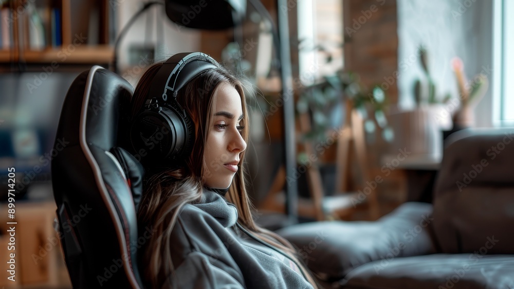 female gamer sits in chair with full-size headphones female gamer sits in chair with full-size headphones