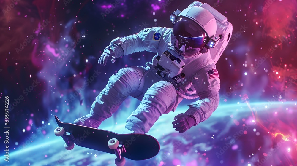astronaut skateboarding on space illustration vector 3D randering. astronaut skateboarding on space illustration vector 3D randering.