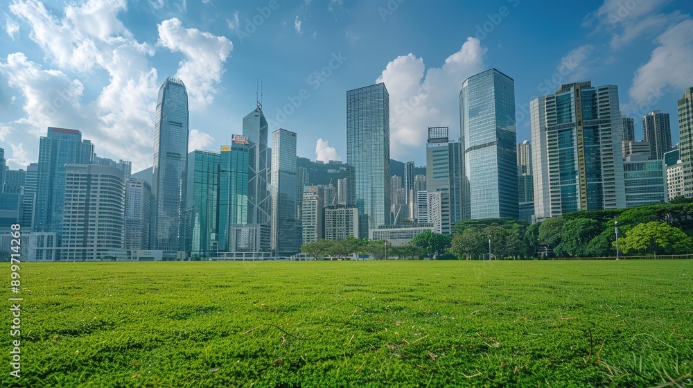 A skyline of tall company buildings under a blue sky, with a green grassy area in the front, creating a serene, people-free scene. A skyline of tall company buildings under a blue sky, with a green grassy area in the front, creating a serene, people-free scene.