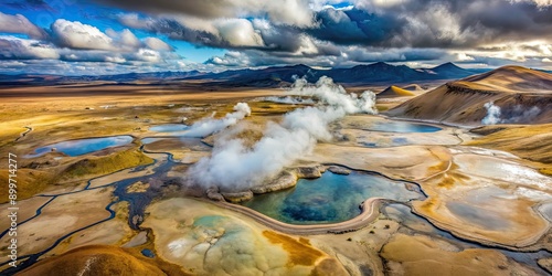 Aerial view of N?mafjall Geothermal Area with smoking fumaroles, boiling mud pots photo