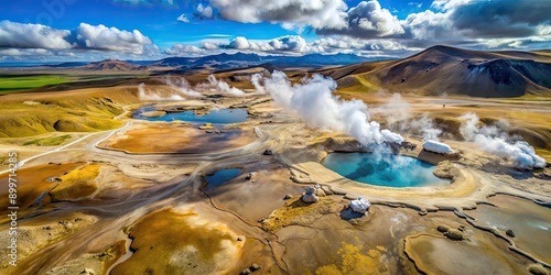 Aerial view of N?mafjall Geothermal Area with smoking fumaroles, boiling mud pots, and colorful sulphur crystals photo