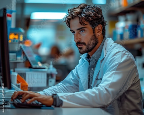 Dedicated Male Doctor Accessing Patient Records with Computer in Clinic