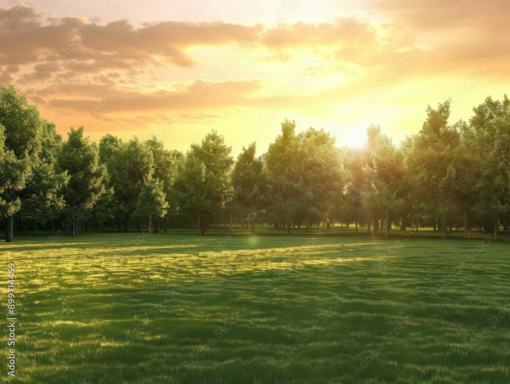 Obraz premium Serene Green Meadow at Sunset Surrounded by Lush Trees
