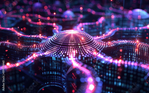 Abstract futuristic AI data network, glowing purple and blue nodes showing a neural network concept, representing advanced technology and connectivity. © Janjira
