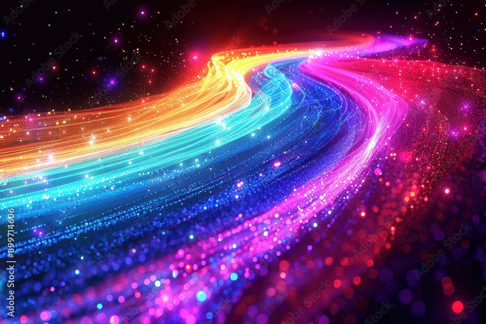 A vibrant, abstract wave of light and color with a spectrum of rainbow hues, creating a dynamic and energetic visual effect in a cosmic digital design. A vibrant, abstract wave of light and color with a spectrum of rainbow hues, creating a dynamic and energetic visual effect in a cosmic digital design.
