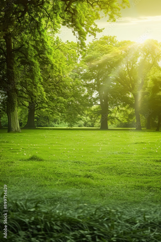 Obraz premium Serene Green Meadow Bathed in Golden Sunset Light