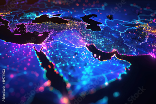 Illuminated map of the Middle East and surrounding regions showcasing vibrant connections and technological networks highlighting global connectivity.