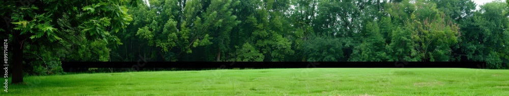Obraz premium Morning Light Shines Over Lush Green Meadow Surrounded by Vibrant Trees