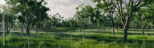 Morning Light Illuminates Green Meadow Surrounded by Lush Trees and Nature's Tranquility