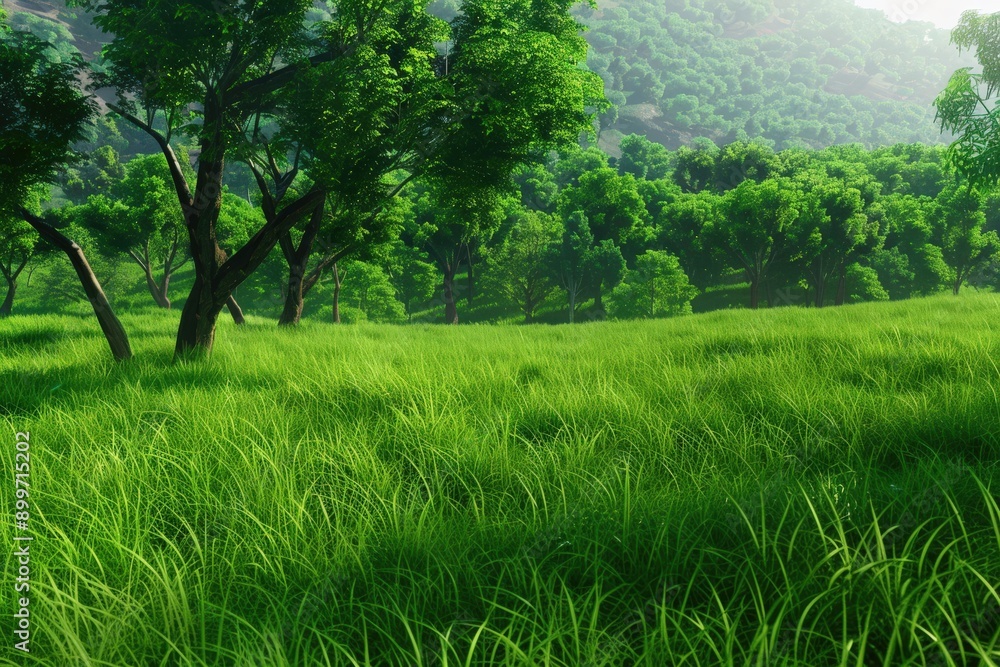 Lush Green Meadow Bathed in Morning Light Surrounded by Vibrant Trees Lush Green Meadow Bathed in Morning Light Surrounded by Vibrant Trees