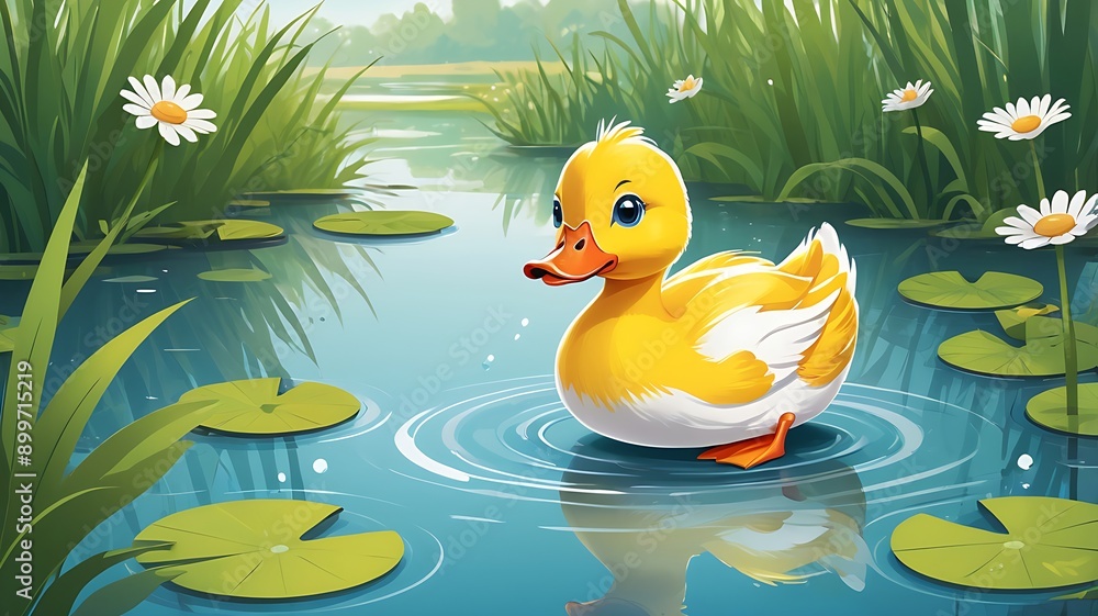 White duck swimming in blue water surrounded by daisies, perfect for naturethemed designs, summer graphics, and animal/wildlife concepts White duck swimming in blue water surrounded by daisies, perfect for naturethemed designs, summer graphics, and animal/wildlife concepts