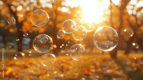 Sunlit bubbles float through a beautiful autumn park, creating a warm and enchanting scene filled with golden leaves and soft sunlight.