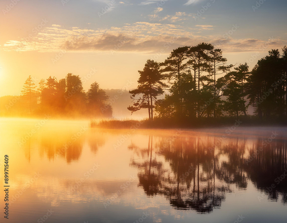 Serene view at dawn with mist gently rising over tranquil lake. Nature landscape with forest trees. Serene view at dawn with mist gently rising over tranquil lake. Nature landscape with forest trees.