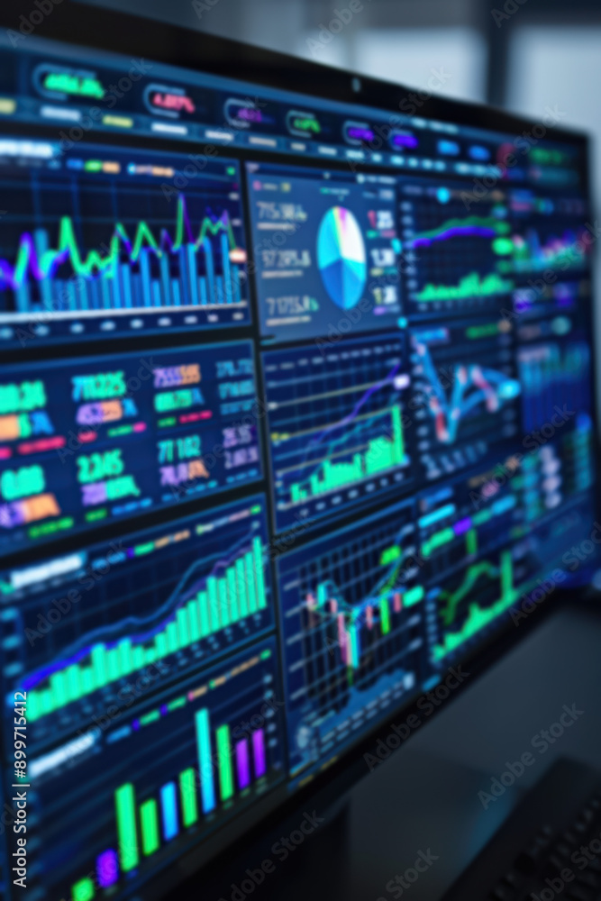 Colorful financial data charts and graphs displayed on a computer monitor, showcasing stock market analysis and trading insights.